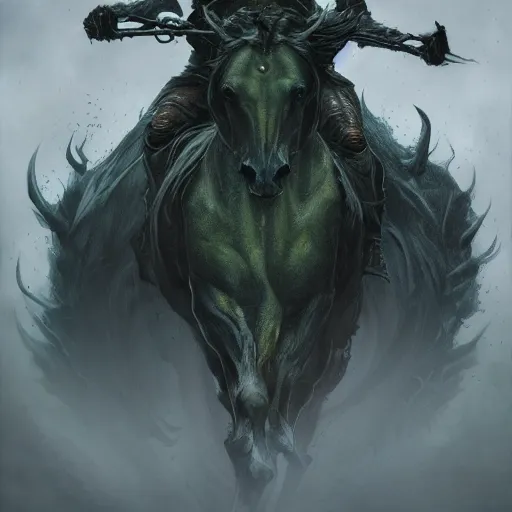 Image similar to concept art by artgerm, pestilence of the four horsemen of the apocalypse, soft green natural light, intricate, hooded death riding a horse, highly detailed dark art, digital painting, artstation, concept art, smooth, sharp focus, illustration, art by greg rutkowski and luis rollo and uang guangjian and gil elvgren, symmetry!