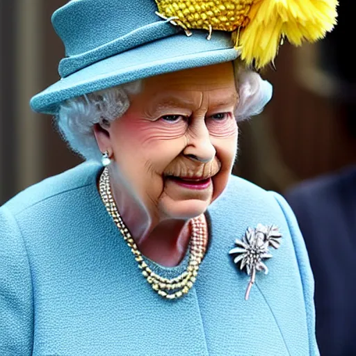 Image similar to the queen of england with a pineapple as a crown with jewels