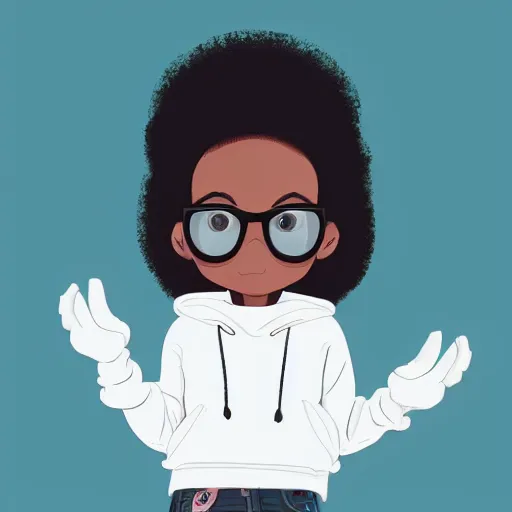 Prompt: a very beautiful girl with # e 0 a 3 7 a skin color, long, puffy, afro hair, stylistic oval black eyes, half - frame square glasses, grey hoodie opened, white t - shirt, white gloves, denim jacket, birkenstock sandals, cartoon style, character art, cute, digital art