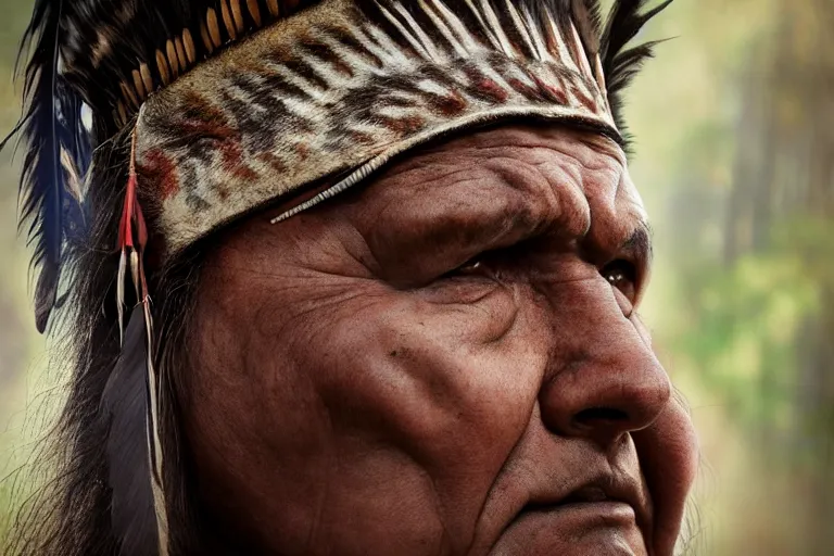 Image similar to hyper-realistic up close photograph of an elegant native american thinking, forest, detailed,