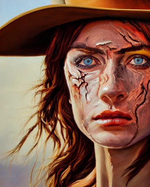 Prompt: oil painting portrait of cowgirl with burn scar exactly half of her face and one blind eye, golden ration, high production value, intricate details, high resolution, hdr, high definition, masterpiece, realistic, ultrarealistic, highly detailed, hd, sharp focus, non blurry, sharp, smooth