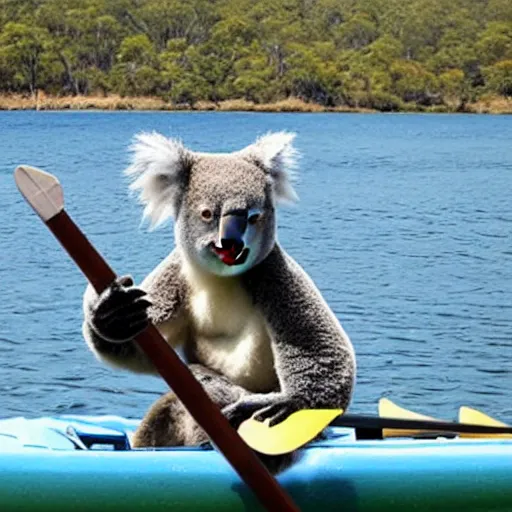 Image similar to koala bear smoking in a kayak dressed as a ninja