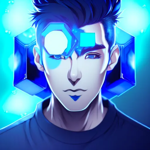 Image similar to a highly detailed portrait of a man with navy blue hair and blue glowing eyes, summoning blue transparent cubes, high detail clothing, concept art, anime, artstation, professional drawing