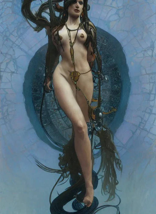 Prompt: a Nagas huntress, raining, mist by Alphonse Mucha, Denis Villeneuve, greg rutkowski and thomas kinkade, Finnian MacManus, Syd Mead, Trending on artstation, black and blue scheme, 8k, wide-angle lens, Unreal Engine