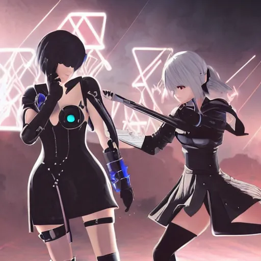 Image similar to 2B from Nier Automata as a cyber punk android fighting A2 as a Viking warrior princess that was frozen in time