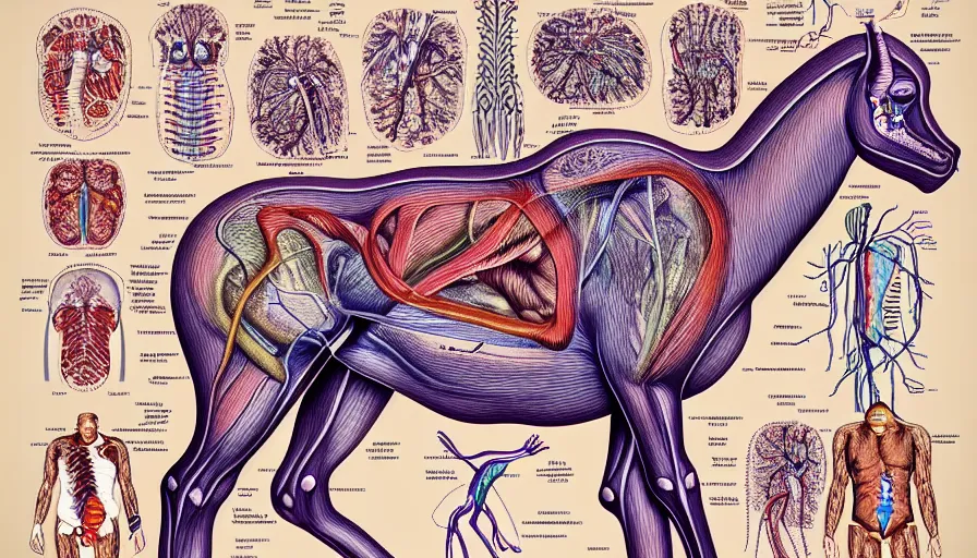 Image similar to psychedelic anatomically accurate labeled medical diagram of centaur, intricate parts, fine details, hyper realistic, elegant minimalism, by seichen, surreal