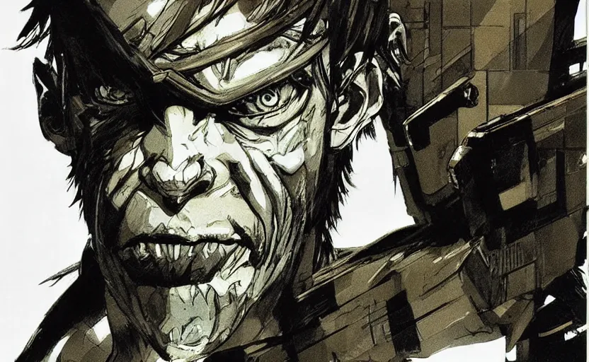 Image similar to yoji shinkawa drawing of gollum as solid snake, metal gear solid