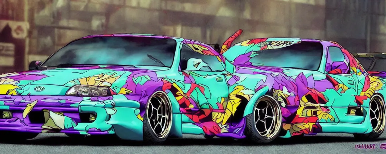 Image similar to jojo's bizarre adventure themed toyota supra, 9 0 s anime style