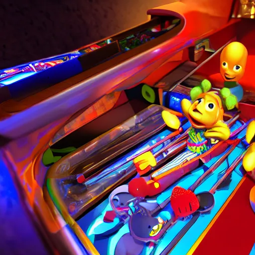 Prompt: kid playing pinball, 3d render by Pixar, raytracing, black background