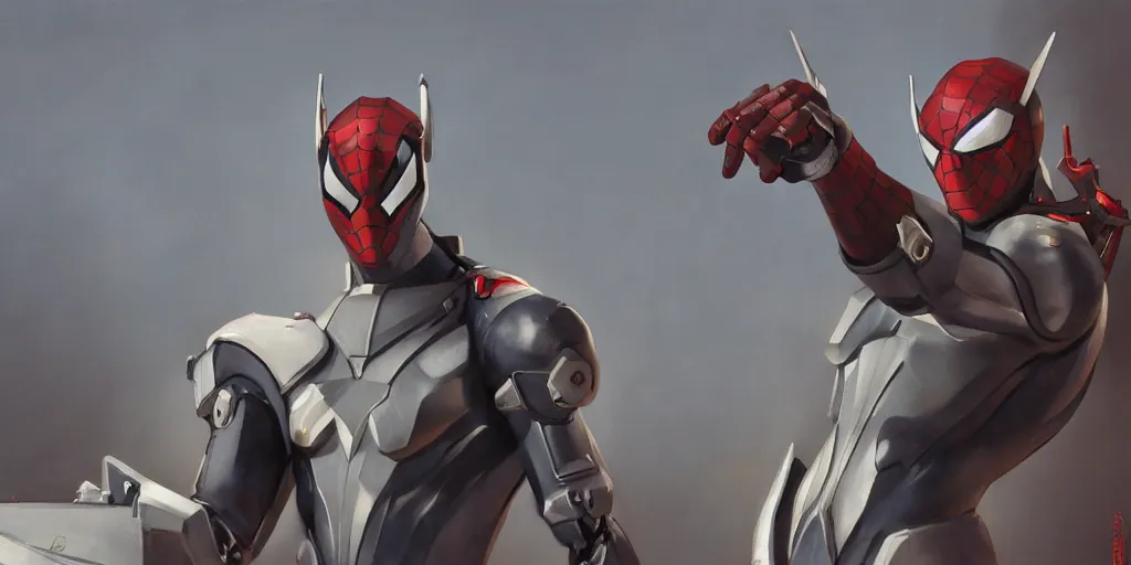 Image similar to greg manchess portrait painting of armored spiderman ultraman grey fox from metal gear cyborg japanese - american hybrid as overwatch character, medium shot, asymmetrical, organic painting, sunny day, matte painting, bold shapes, hard edges, street art, trending on artstation, by huang guangjian and ail elvgren and sachin teng