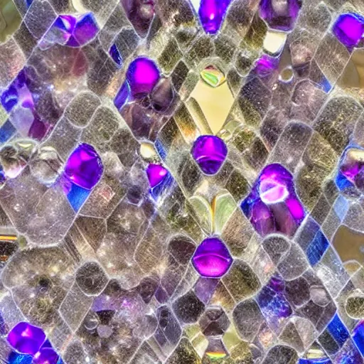 Image similar to texture of joined hexagonal clear quartz crystals through which is clearly visible the beatific multicoloured lights of paradise, exquisitely clear and hyper realistically sharp,