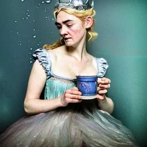 Prompt: A 18th century, messy, silver haired, (((mad))) elf princess (similar to young Kate Winslet), dressed in a ((ragged)), wedding dress, is ((drinking a cup of tea)). Everything is underwater and floating. Greenish blue tones, theatrical, (((underwater lights))), high contrasts, fantasyconcept art, inspired by John Everett Millais's Ophelia