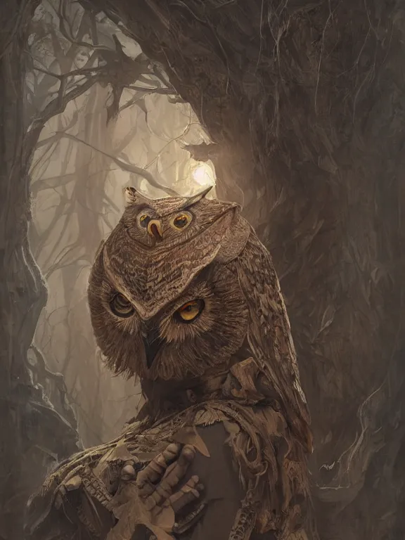 Image similar to a ultradetailed beautiful concept art of a strange and discreet human, hiding his face with an intricate wooden mask of an owl, concept art, high resolution 4 k, by tom bagshaw, greg rutkowski, charli bowater and artgeem