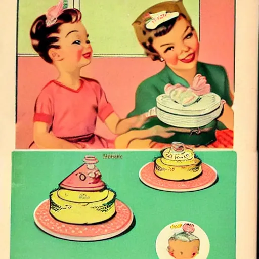 Image similar to 1950's cookbook color illustration baby cake adorable cartoon face sharp detail high detail