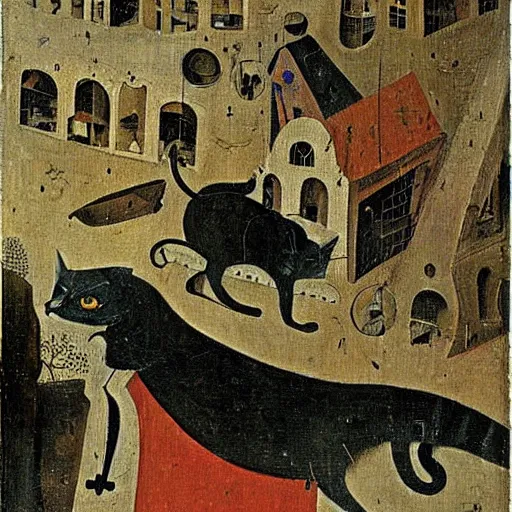 Image similar to oil painting by hieronymous bosch of a cat destroying a city.