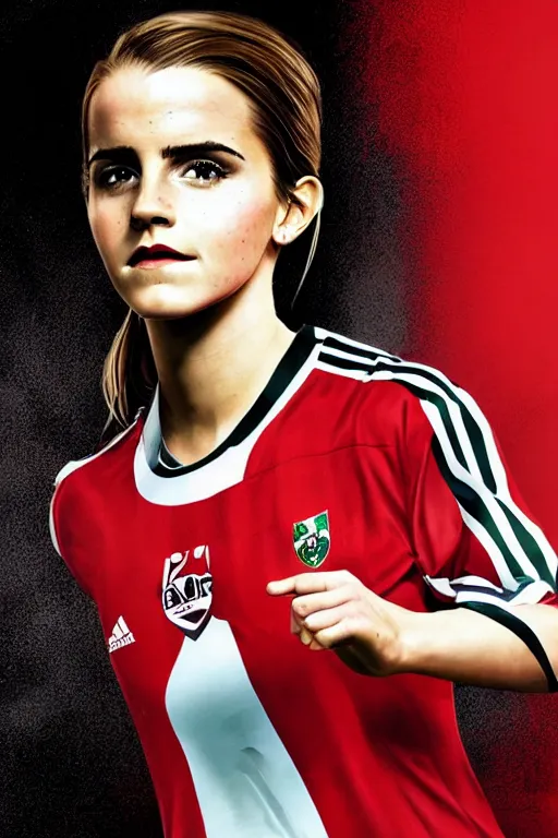 Image similar to a portrait of emma watson as a lokomotiv football player, hyper realistic, highly detailed