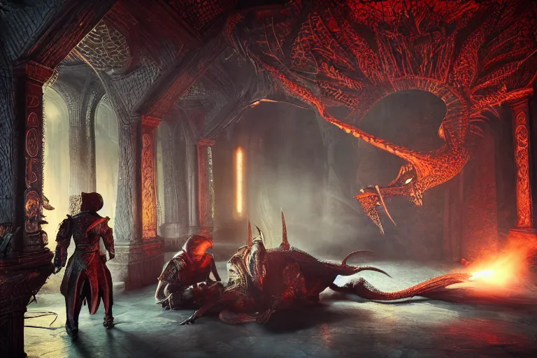 Prompt: dragon age, interior. photo - realistic hd, hyperrealism, colourful, highly detailed, cinematic, luminescence, 3 2 k, dop, high contrast, intricate, mystery, epic, fantasy