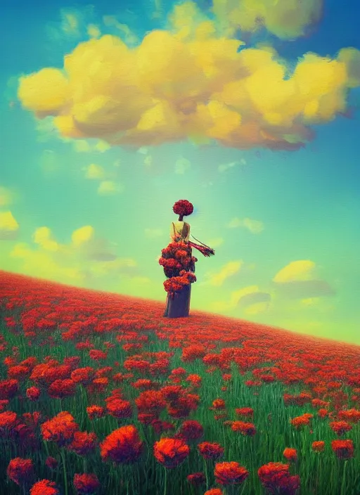 Image similar to woman with a giant carnation head, flower field, surreal photography, sunset dramatic light, impressionist painting, colorful clouds, blue sky, digital painting, artstation, simon stalenhag