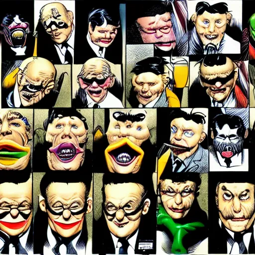 Image similar to drawing of 1 4 tiny jokers all in the mouth of gotham city's finest investigative reporter, 4 k art by brian bolland, graphic novel art