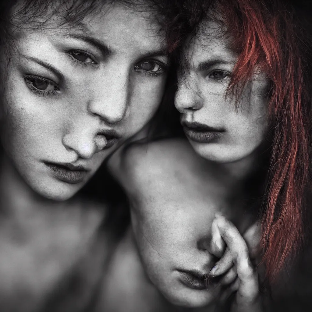 Prompt: Close-up portrait photo of a beautiful girl with red hair , art photography in style of Lee Jeffries ,Low-key lighting, dark background, sigma art 135 mm f 1.4, high quality ,