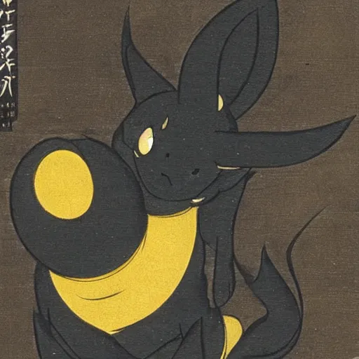 Image similar to Umbreon from pokemon in Japanese artstyle, nihonga, old Japanese art