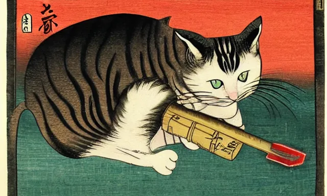 Prompt: cat smoking hash pipe with cannabis leaf background, in the style of utamaro, hiroshige, japanese woodblock, classical japanese art, traditional japanese art, kitty, cat, neko, weed, marijuana, cannabis, highly detailed, beautiful colors, award winning, dark, gritty, ink and watercolor