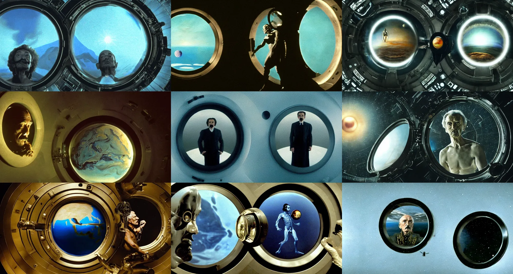 Prompt: the full body shot of very arrogant salvador dali in the role of emperor of universe looking at the planet through porthole | still frame from the prometheus movie by ridley scott with cinematogrophy of christopher doyle and art direction by hans giger, anamorphic bokeh and lens flares, 8 k, higly detailed masterpiece