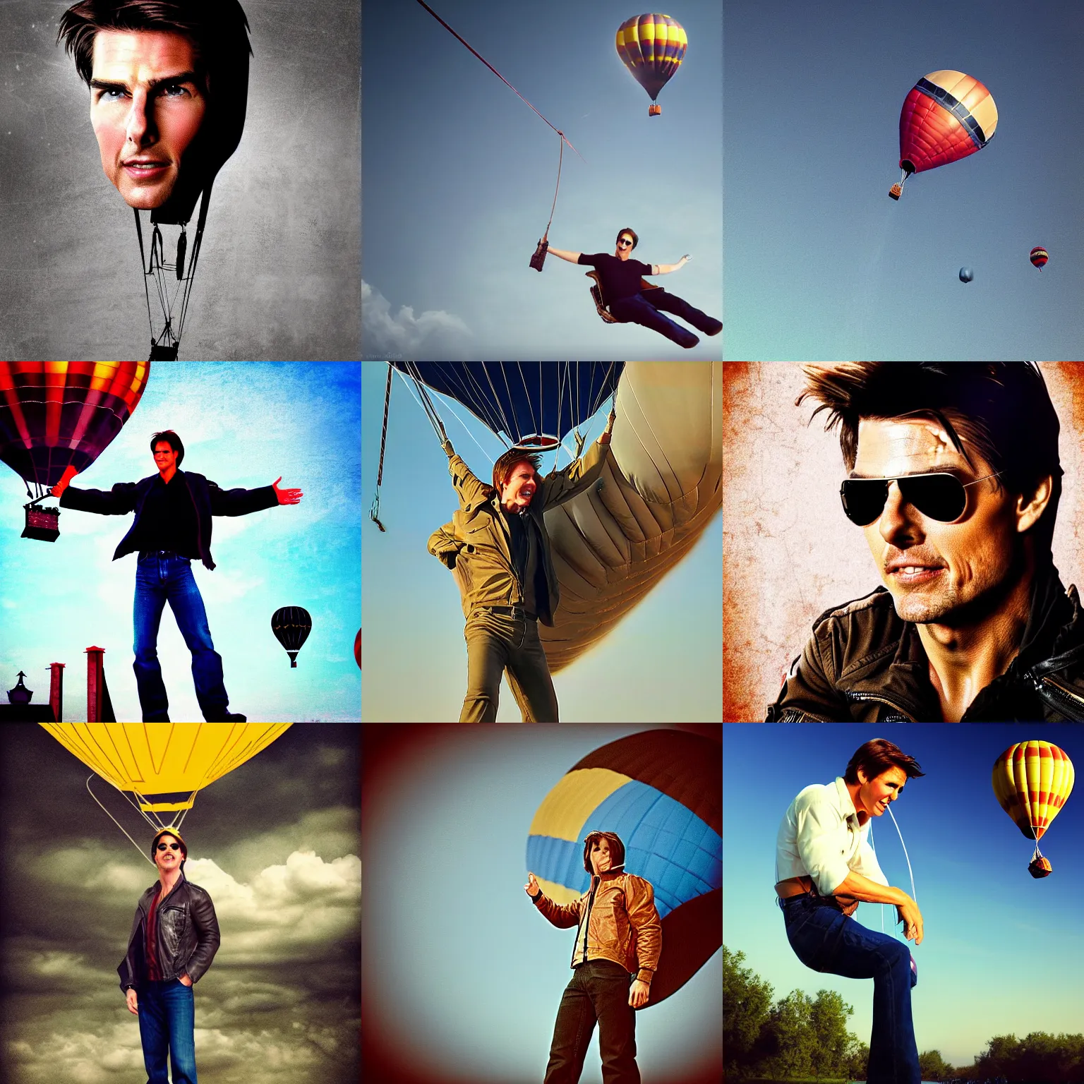 Prompt: Tom Cruise from Top Gun but flying an air balloon, photography, funny, digital art