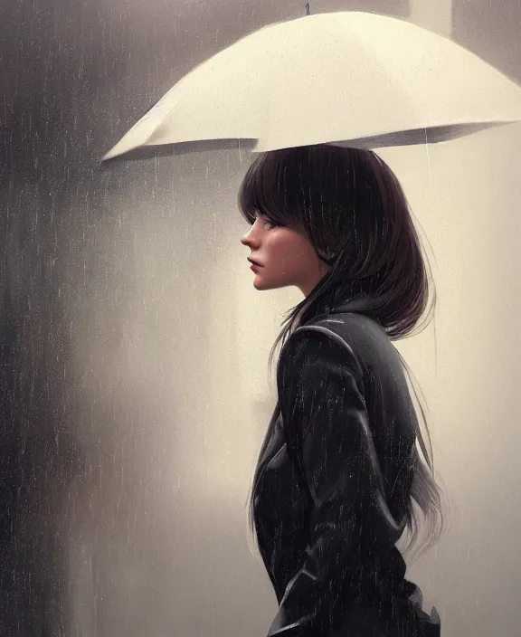 Prompt: an ultradetailed beautiful portrait painting of a stylish girl standing in the rain, side view, oil painting, high resolution, by ilya kuvshinov, greg rutkowski and makoto shinkai