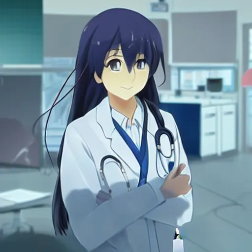 Image similar to a cute young lady, a doctor wearing white coat in hospital ward, slice of life anime, anime scenery by Makoto shinkai