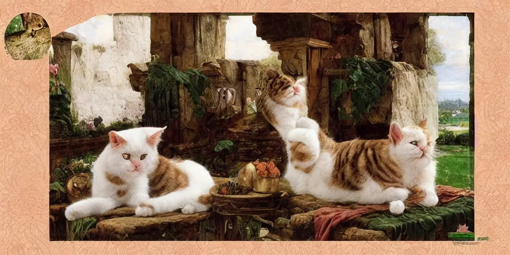 Image similar to 3 d precious moments plush cat with realistic fur, precious moments hawthorned village porcelain in the background, master painter and art style of john william waterhouse and caspar david friedrich and philipp otto runge