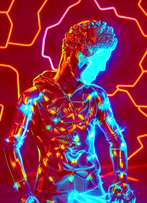 Prompt: photo of fullbodied baroque and cyberpunk and tron delicate neon diamond sculpture of seductive bright albino marble prince tyson ballou dotado mint iridescent humanoid deity wearing red plastic hoody holding molten skull in a laser alien dungeon, reclining, glowing magenta face, crown of white diamonds, cinematic lighting, photorealistic, octane render 8 k depth of field 3 d