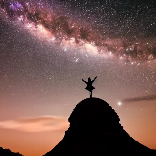 Image similar to Film still of silhouette of indian statue, sukhasana, starry sky, flying saucer, with radiating hill, full shot