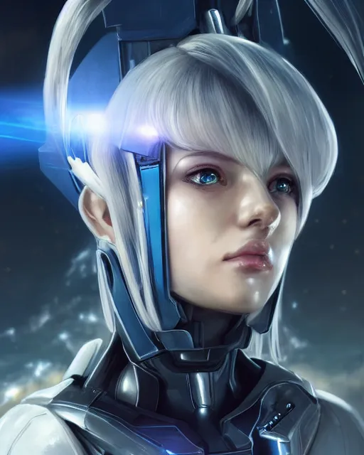 Image similar to perfect android girl on a mothership, warframe armor, beautiful face, scifi, futuristic, galaxy, nebula, raytracing, dreamy, long white hair, blue cyborg eyes, sharp focus, cinematic lighting, highly detailed, artstation, divine, by gauthier leblanc, kazuya takahashi, huifeng huang