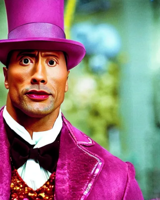 Image similar to Film still close-up shot of Dwayne Johnson as Willy Wonka from the movie Willy Wonka & The Chocolate Factory. Photographic, photography