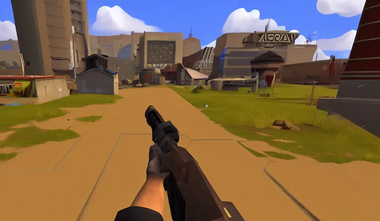 Image similar to Team Fortress 2 by Tadanori Yokoo, PC game, source engine, gameplay screenshot, first-person pov