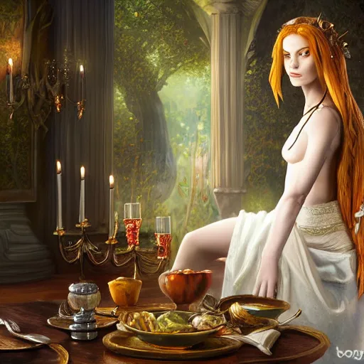 Prompt: A female archfey from the Feywild sitting in the dining room alone, 4k resolution, oil painting, highly detailed