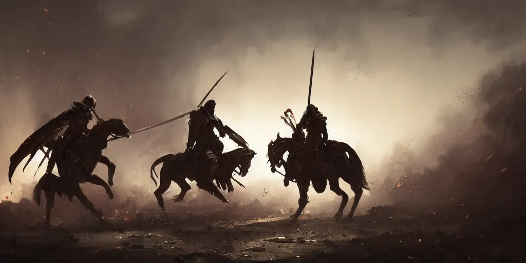 Image similar to a painting of a cinematic keyframe of two medieval knights fighting with swords at midnight by greg rutkowski, dark fantasy art, high detail, trending on artstation