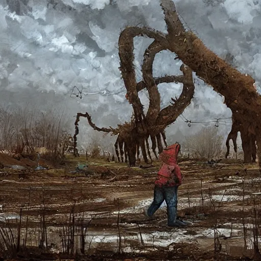 Image similar to painting of a abandoned post soviet town infested with humanoid root monsters by jakub rozalski