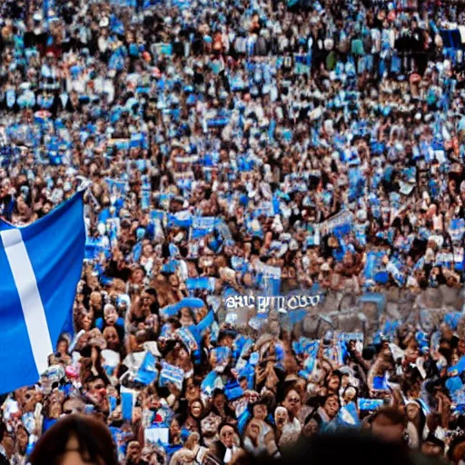 Image similar to Lady Gaga as president, Argentina presidential rally, Argentine flags behind, bokeh, giving a speech, detailed face, Argentina