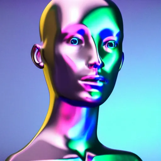 Image similar to 3d render of holographic human robotic head made of glossy iridescent, surrealistic 3d illustration of a human face non-binary, non binary model, 3d model human, cryengine, made of holographic texture, holographic material, holographic rainbow, concept of cyborg and artificial intelligence