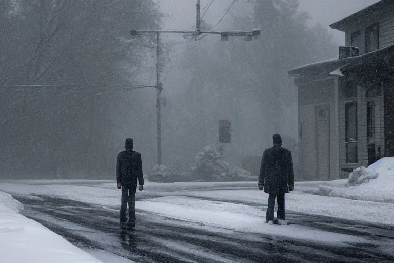 Image similar to Mysterious man standing in the middle of a snowy street photo by Gregory Crewdson,