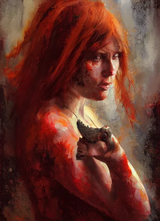 Prompt: portrait painting of beautiful red head ancient irish celtic priestess holding a dinosaur skull, by jeremy mann, only one head single portrait