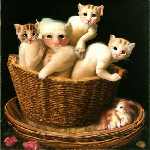 Image similar to Renaissance painting of a basket of kittens