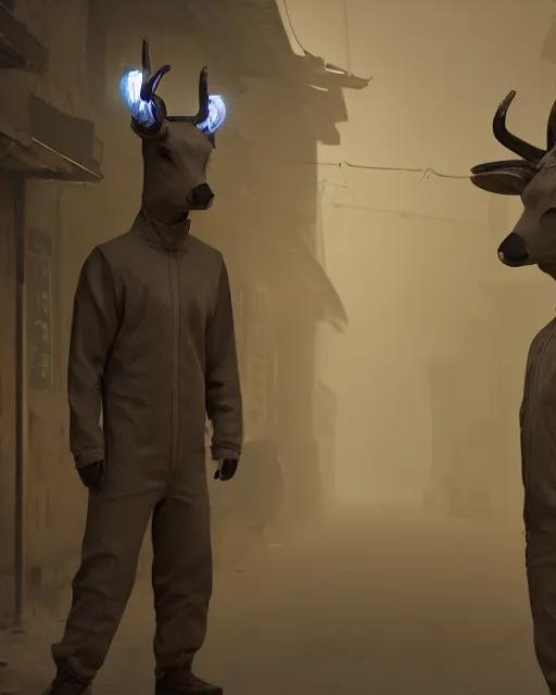 Image similar to artstation scifi scene of two deer - headed suit people, in a chinese town narrow alley, dim lights, long shadows, summer unreal engine 5, hyper realism, realistic shading, cinematic composition, blender render, octane render, hdr, detailed textures, photorealistic, wide shot