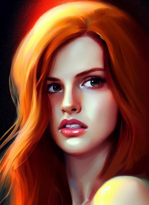 Image similar to full body portrait of teenage cheryl blossom, bangs, green eyes, mischievous expression, red hair, sultry smirk, bangs and wavy hair, intricate, elegant, glowing lights, highly detailed, digital painting, artstation, concept art, smooth, sharp focus, illustration, art by wlop, mars ravelo and greg rutkowski