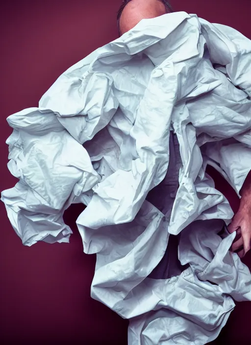 Prompt: a hyper realistic ultra realistic photograph of a man transforming into crumpled paper, top secret, highly detailed, 8k photo