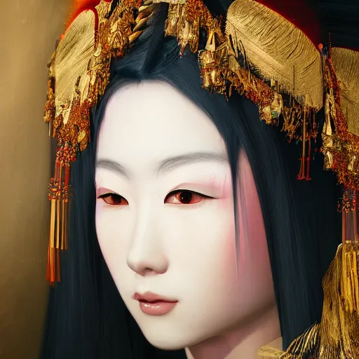 Prompt: beautiful japanese oil panting of a lady in headdress, rendered by octane, depth of field, ultra detailed, rococo, zen concept, trending on artstation, 8k