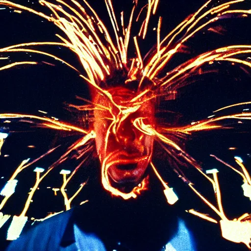 Image similar to filmic extreme realistic wide shot dutch angle movie still 35mm film color photograph of a man's head exploding, in the style of Scanners