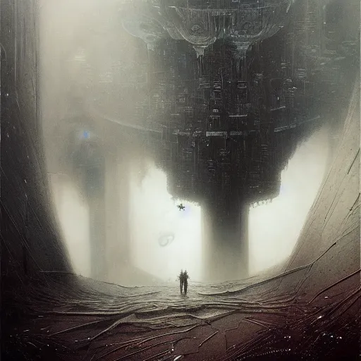 Prompt: lost and alone in a vast future sci - fi cyberpunk megastructure by gustave dore and gustave moreau and beksinski and giger and craig mullins and jeremy mann